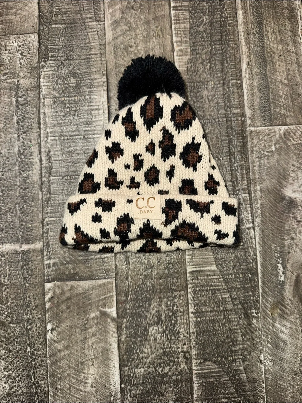 C.C Baby Leopard Pom Beanie - Cream, Brown & Black